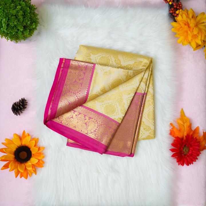 Silk gold and pink saree with aari designer blouse