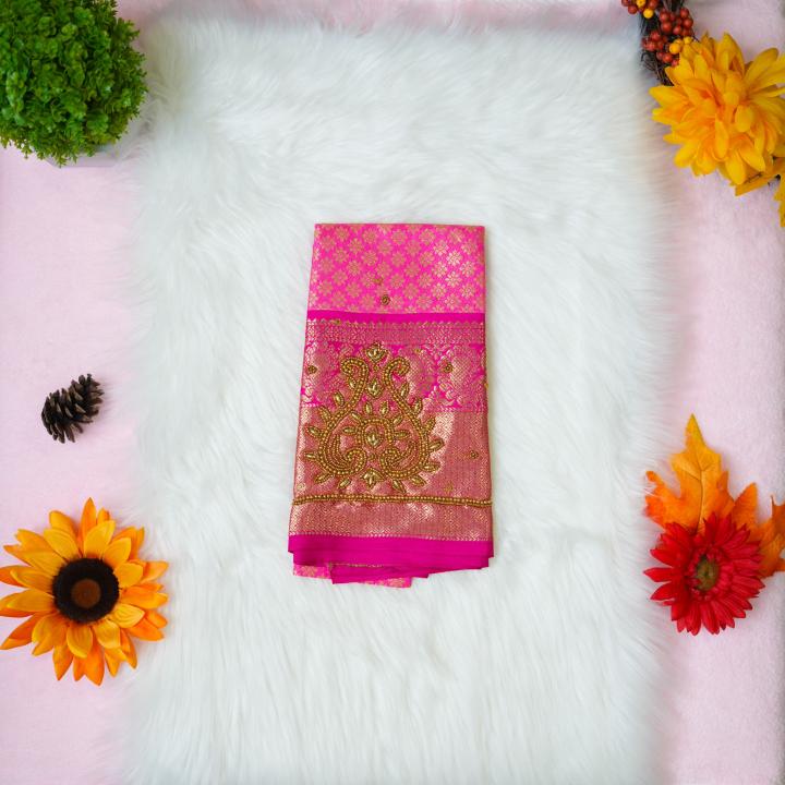 Silk gold and pink saree with aari designer blouse