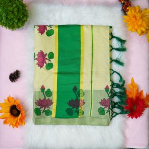 Traditional kerala handloom green tissue saree - lotus design embroidery