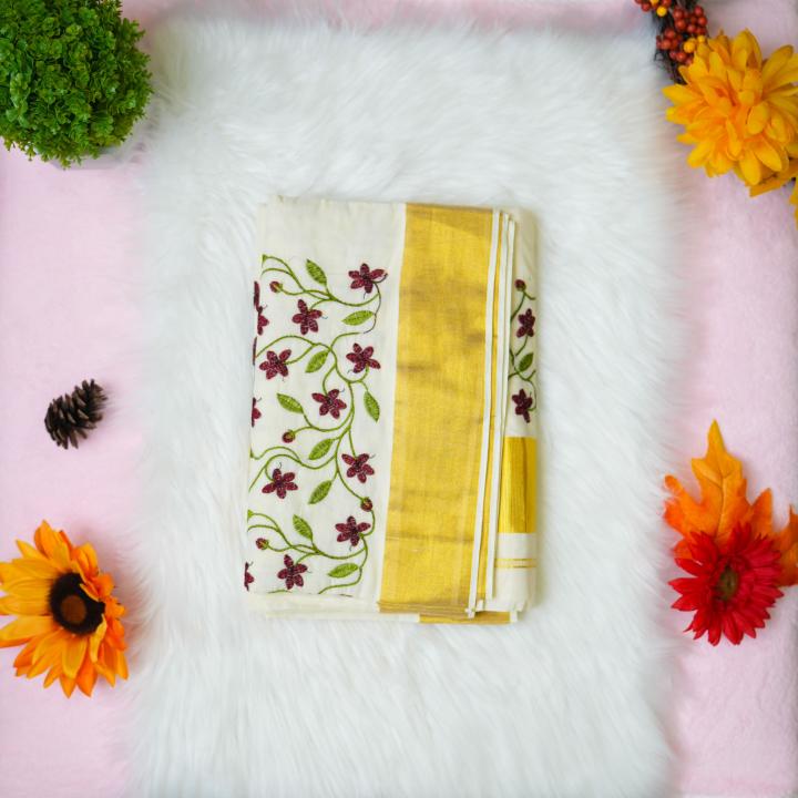Traditional kerala handloom tissue saree - floral design embroidery