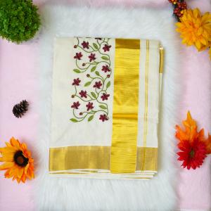 Traditional kerala handloom tissue saree - floral design embroidery