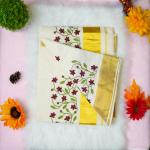 Traditional kerala handloom tissue saree - floral design embroidery