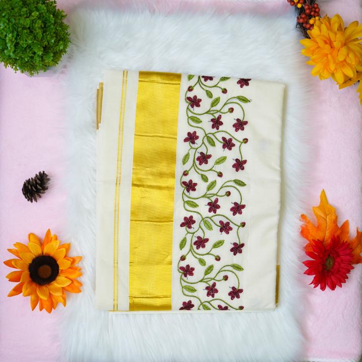 Traditional kerala handloom tissue saree - floral design embroidery