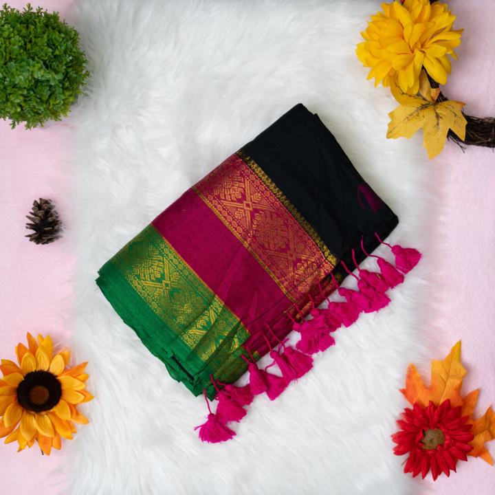 120 count Mulcotton black saree with multi-colour boarder