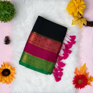 120 count Mulcotton black saree with multi-colour boarder
