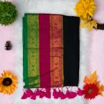 120 count Mulcotton black saree with multi-colour boarder