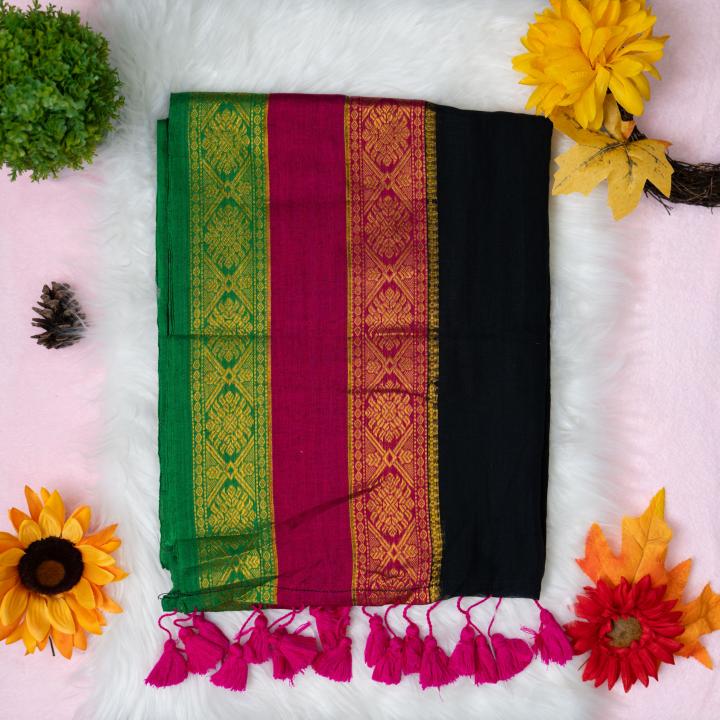 120 count Mulcotton black saree with multi-colour boarder