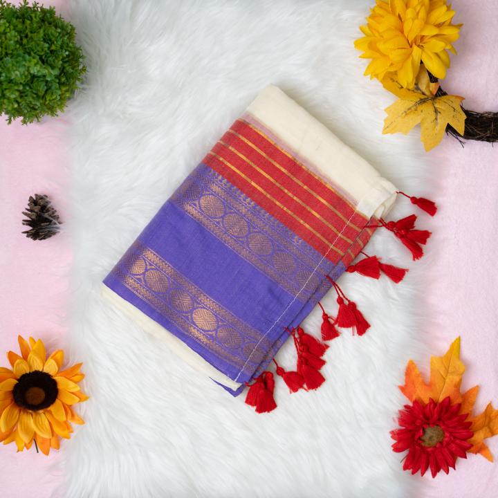 120 count Mulcotton saree with wide blue red boarder