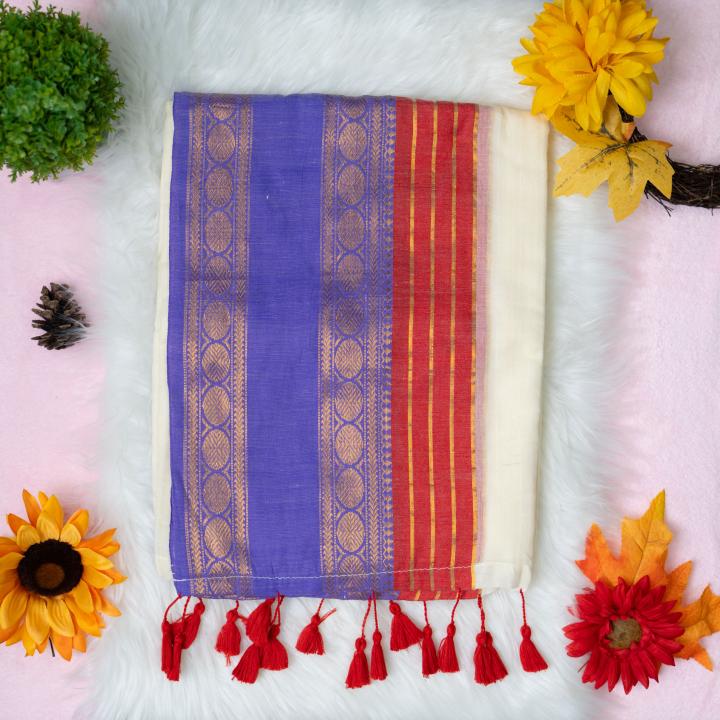 120 count Mulcotton saree with wide blue red boarder