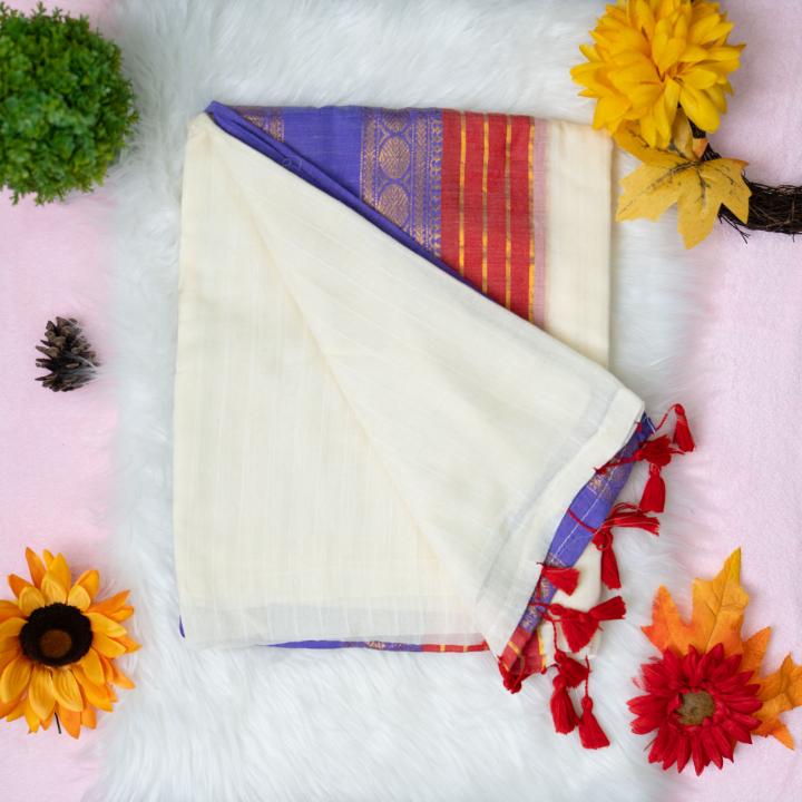 120 count Mulcotton saree with wide blue red boarder