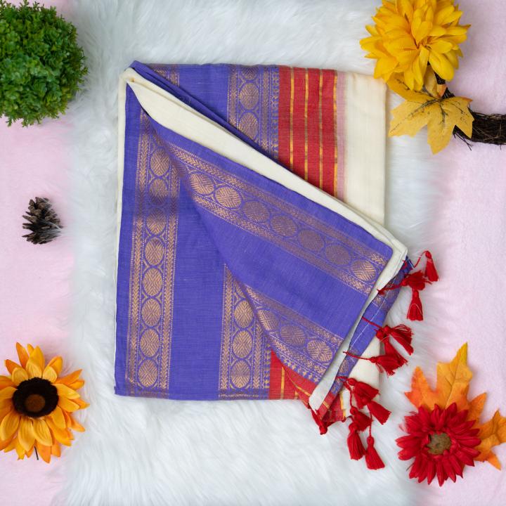 120 count Mulcotton saree with wide blue red boarder