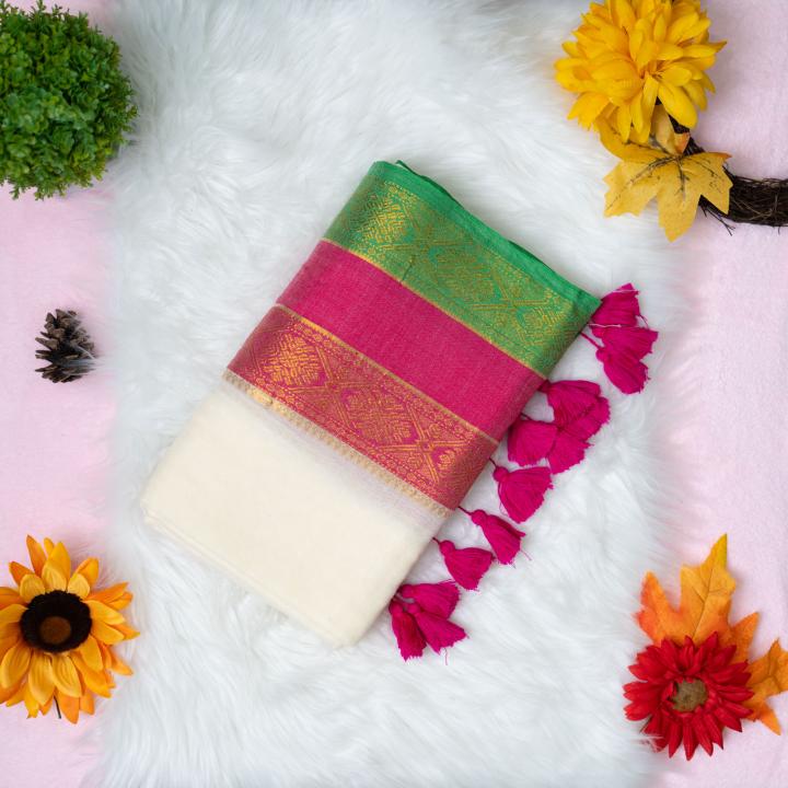 120 count Mulcotton saree with wide boarder