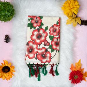 Traditional kerala handloom saree - printed flower and leaves - with blouse piece