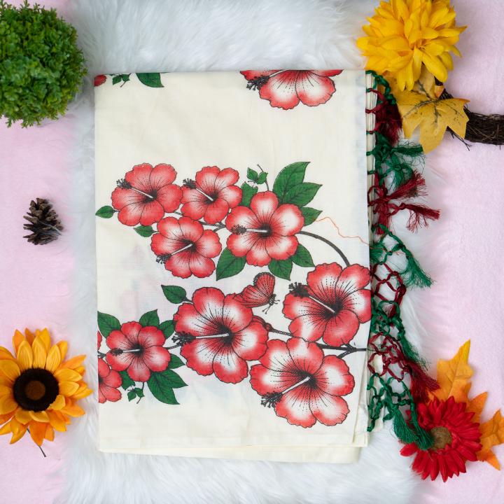 Traditional kerala handloom saree - printed flower and leaves - with blouse piece