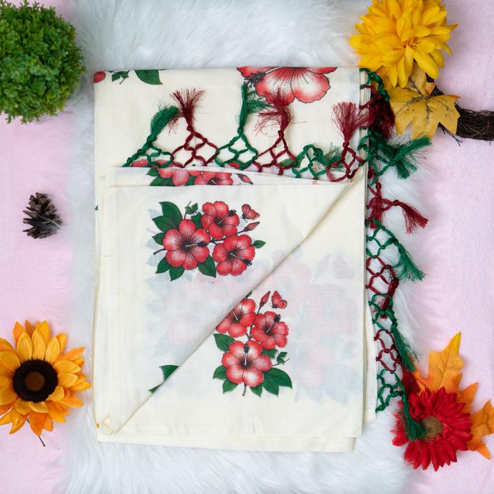 Traditional kerala handloom saree - printed flower and leaves - with blouse piece