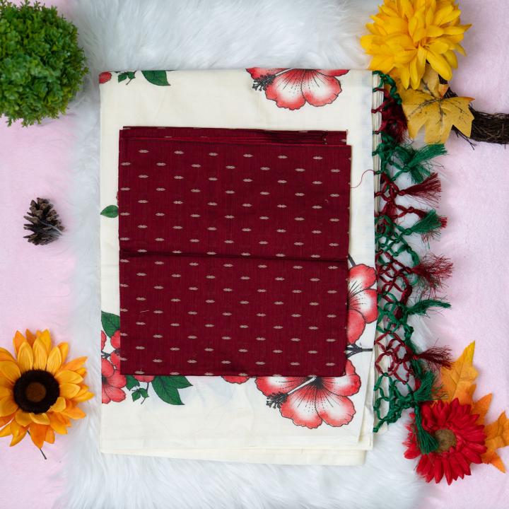 Traditional kerala handloom saree - printed flower and leaves - with blouse piece