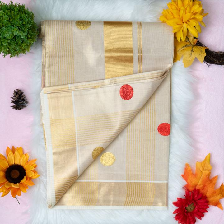 Traditional kerala handloom saree - polka dots
