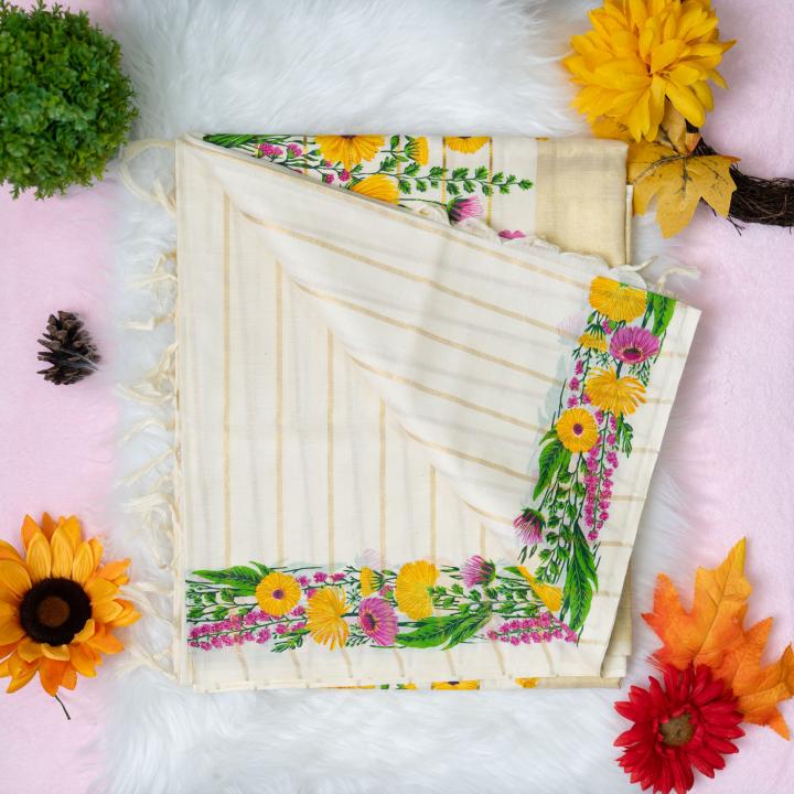 Traditional kerala handloom saree - Printed floral design