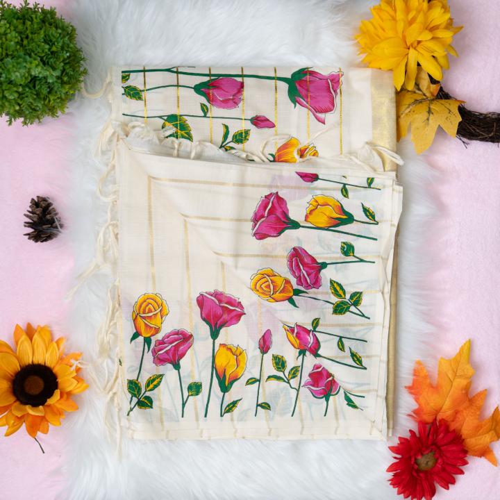 Traditional kerala handloom saree - Printed floral design