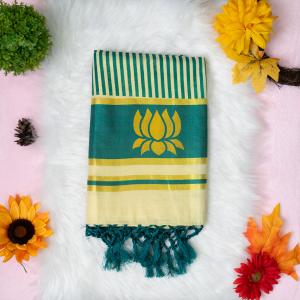 Traditional kerala handloom green tissue saree - lotus design embroidery
