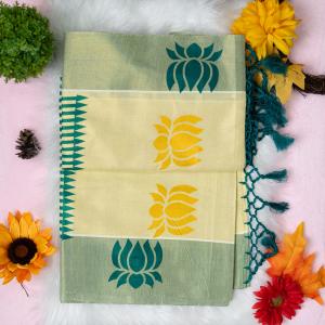 Traditional kerala handloom green tissue saree - lotus design embroidery