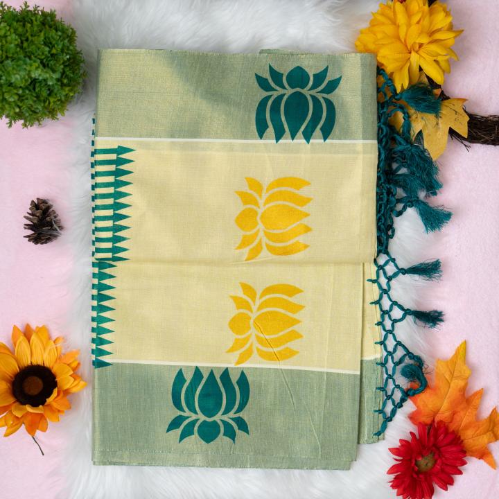 Traditional kerala handloom green tissue saree - lotus design embroidery