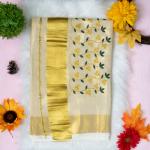 Traditional kerala handloom tissue saree - floral design embroidery