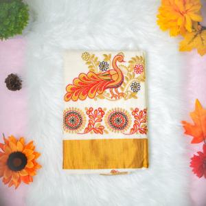 Traditional kerala handloom saree - embroidery peacock design