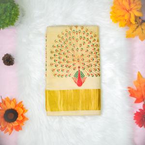 Traditional kerala handloom saree - embroidery peacock design