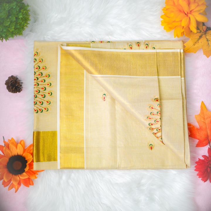 Traditional kerala handloom saree - embroidery peacock design