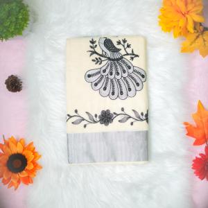 Traditional kerala handloom silver saree - embroidery black and silver - peacock design
