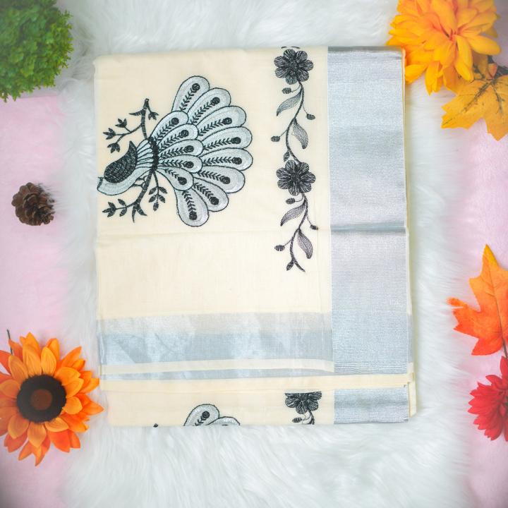 Traditional kerala handloom silver saree - embroidery black and silver - peacock design