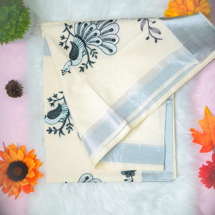 Traditional kerala handloom silver saree - embroidery black and silver - peacock design