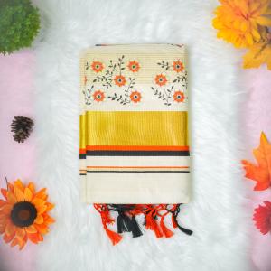 Traditional kerala handloom tissue saree - printed flower and leaves - orange and black