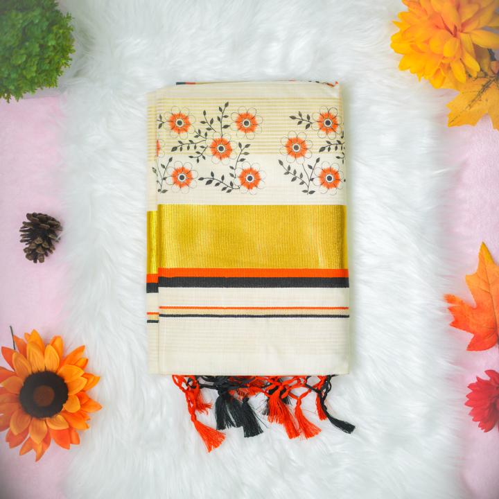 Traditional kerala handloom tissue saree - printed flower and leaves - orange and black