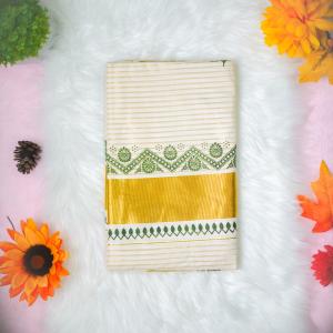 Gold and Green traditional kerala handloom saree - stripes all over