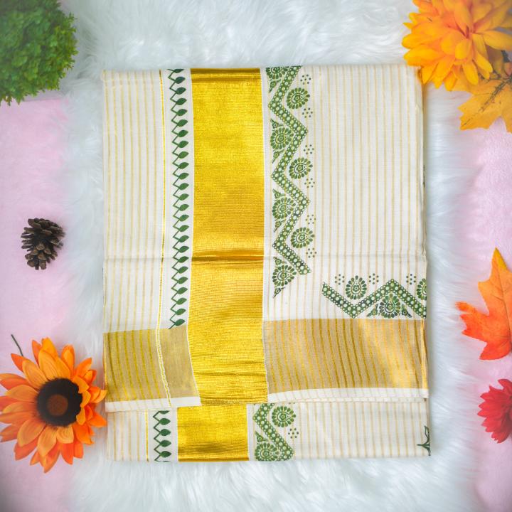 Gold and Green traditional kerala handloom saree - stripes all over