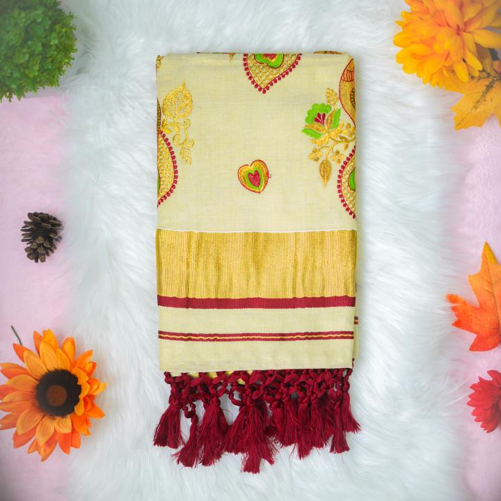 Peacock design traditional kerala handloom tissue saree - gold and maroon