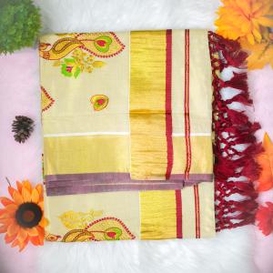 Peacock design traditional kerala handloom tissue saree - gold and maroon