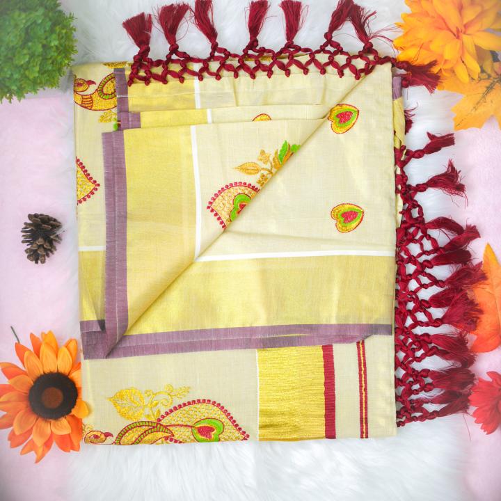 Peacock design traditional kerala handloom tissue saree - gold and maroon
