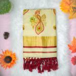 Peacock design traditional kerala handloom tissue saree - gold and maroon
