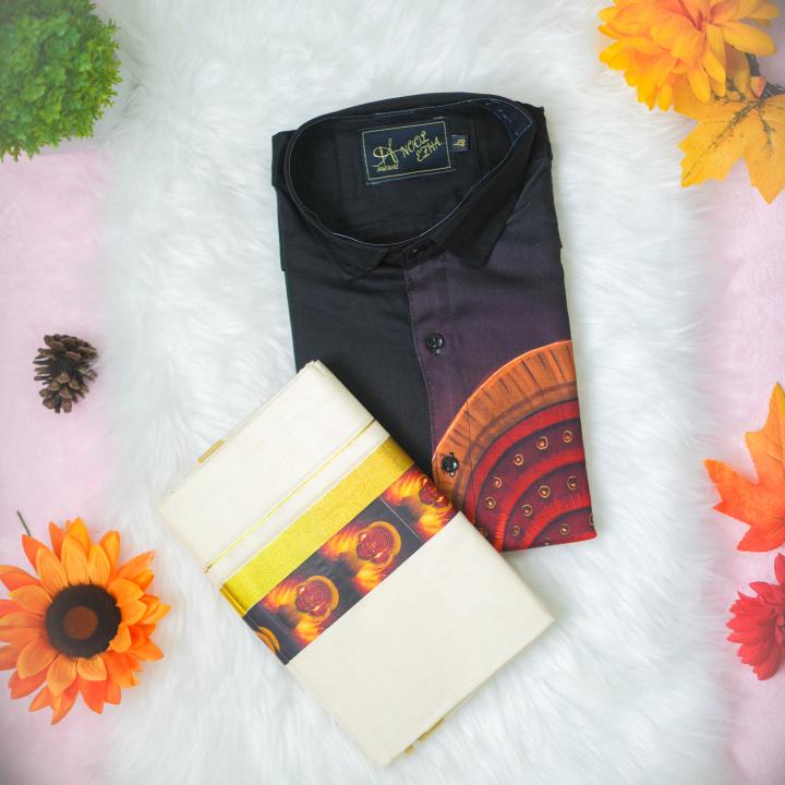 size 40 - Theyyam printed full sleeve black shirt with matching dhoti for men