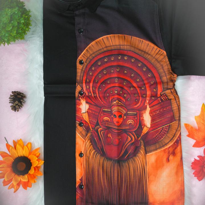 size 40 - Theyyam printed full sleeve black shirt with matching dhoti for men
