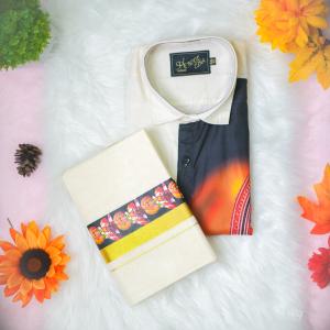 size 44 - Kathakali printed full sleeve off white shirt with matching dhoti for men