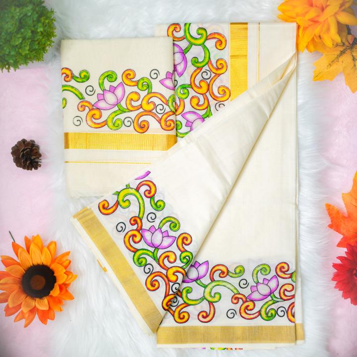 Colorful printed handloom set mundu with golden boarder
