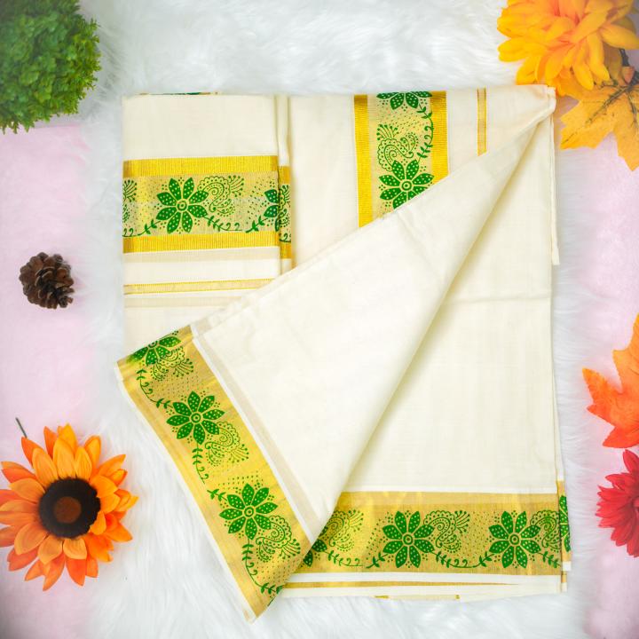 Printed handloom set mundu with gold and green design