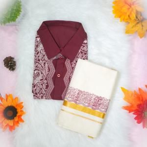 Size 40 - stencil printed abstract design short sleeve maroon shirt with matching dhoti for men