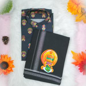 Kathakali printed half sleeve black shirt with matching dhoti for men - size Large