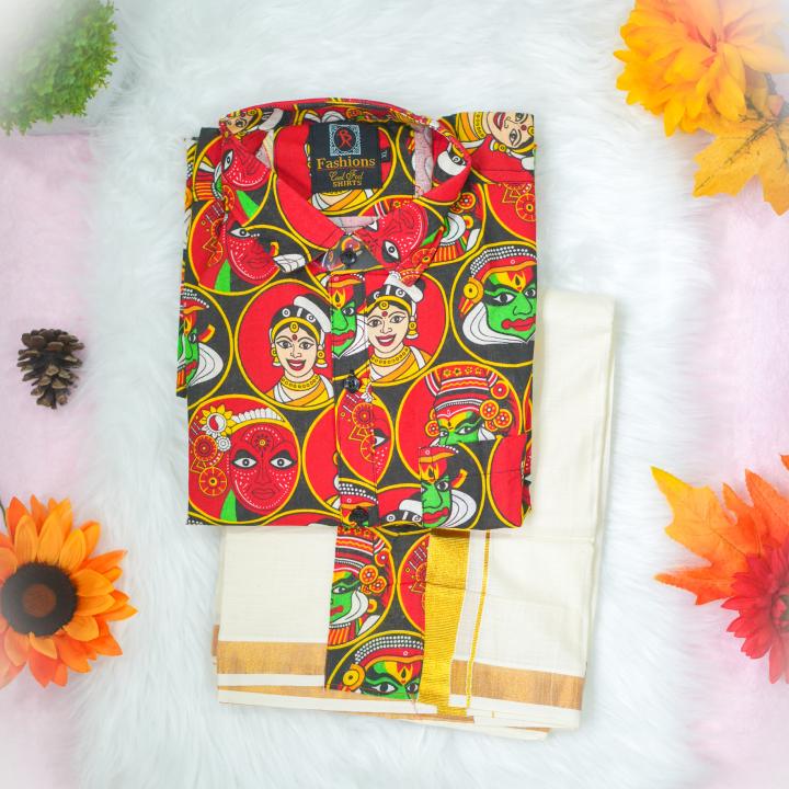Kathakali printed full sleeve black shirt with matching dhoti for men - size XL