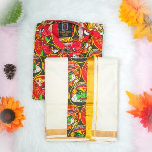 Kathakali printed full sleeve black shirt with matching dhoti for men - size XL